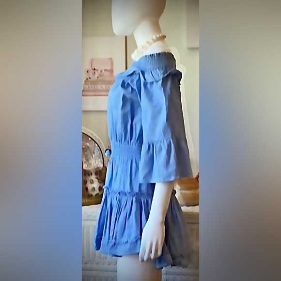 Miso Los Angeles 100% Cotton chambray ruffle tiered dress blue color Size - Picture 5 of 11